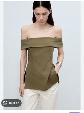 Mango Off-Shoulder Olive Green Folded-Neck Top